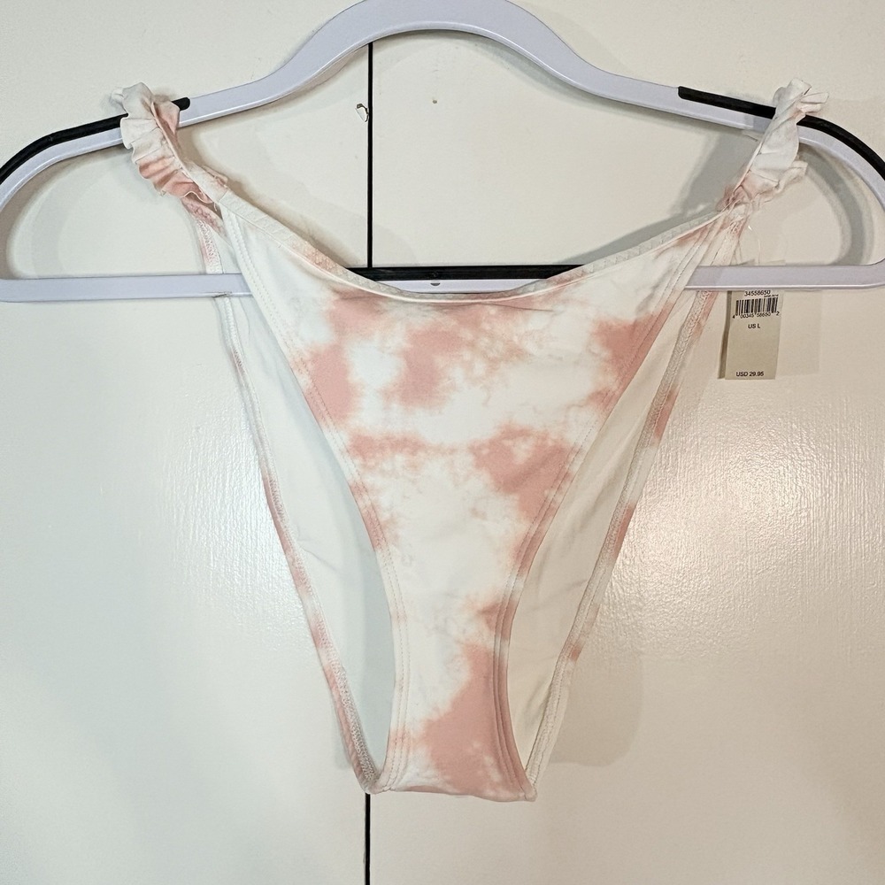 Aerie Women's Large Cheekiest Pink White Tie-dye Bikini Bottom Ruffles Beachy